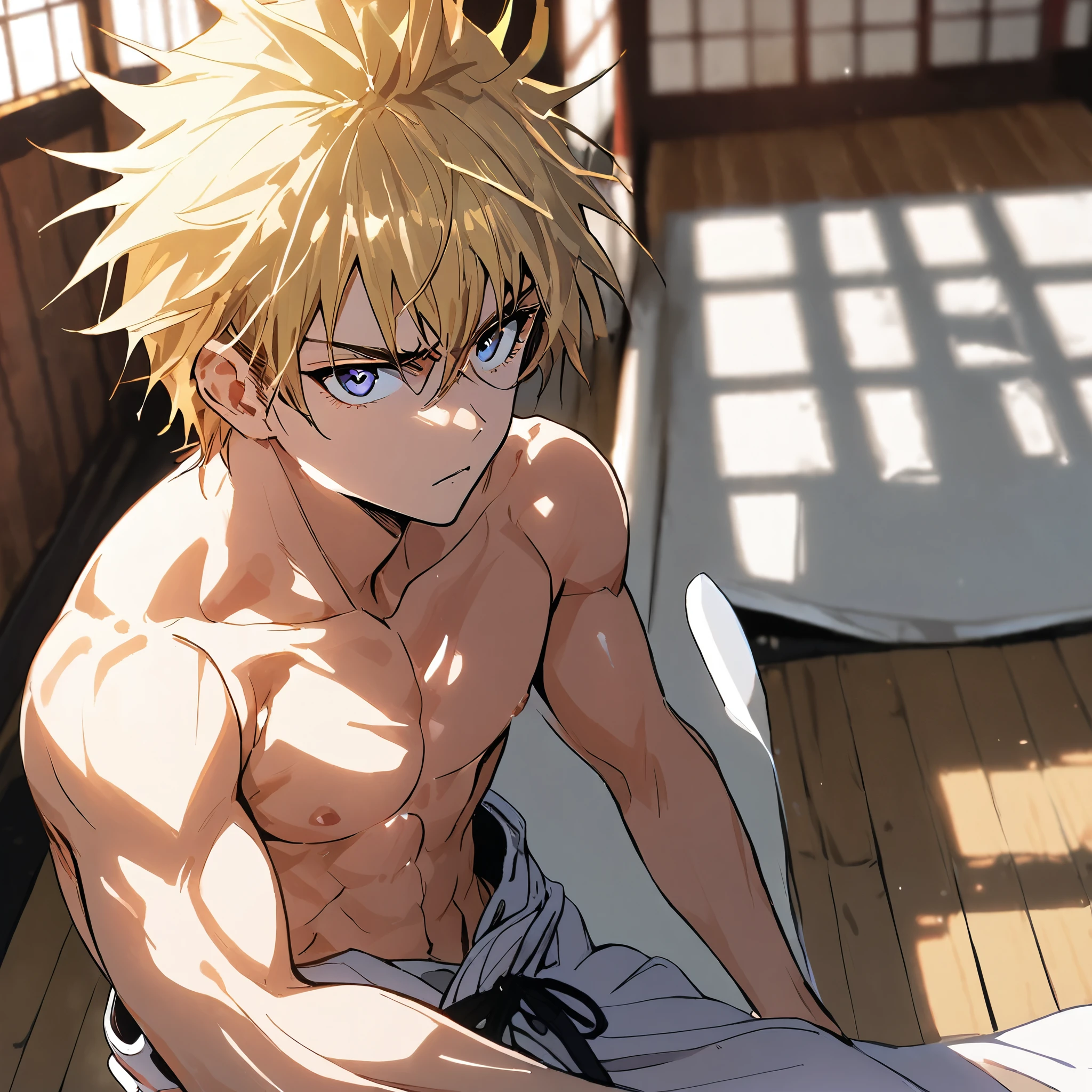 1 boy,25 years old,Adult,Blonde,sharp eyes,red eyes,Watery eye,nude,white bath towel,tight,indian style,(from above),embarrassed,parted lips,sit on bed,(detailed eyes),detailed skin