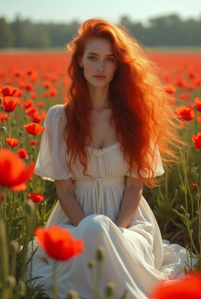 Femme cheveux long redhair rousse orangé clair bouclés habillée en longue robe blanche, assise au milieu grand champs plein de coquelicots rouges