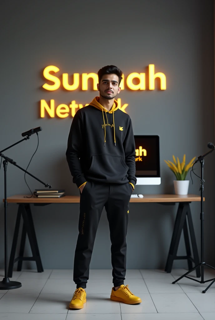 a twenty years old beautiful pakistani boy, stand up a yellow accent wearing modern black outfit with color matching shoes .behind him is a desk with computer monitor displaying the "Sunnah Network" in large bold letters. the room has a modern design with grey wall and floor.theres a mic stand with mic setup adjusted Room size 16:9 Ratio