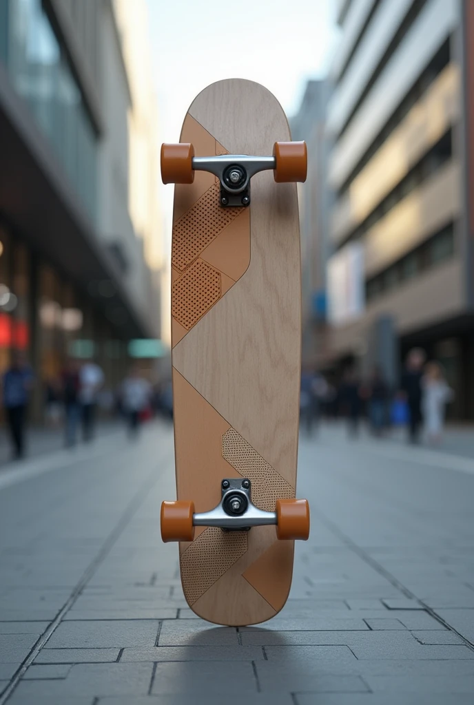 Create the design of an innovative skateboard, influenced by urban fashion, without logo and without names 