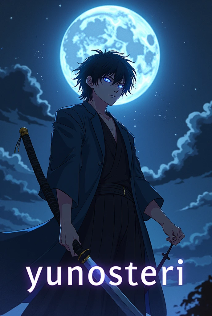 man with black hair and his eyes are glowing and a katana in the night in anime style and under him the word yunosteri