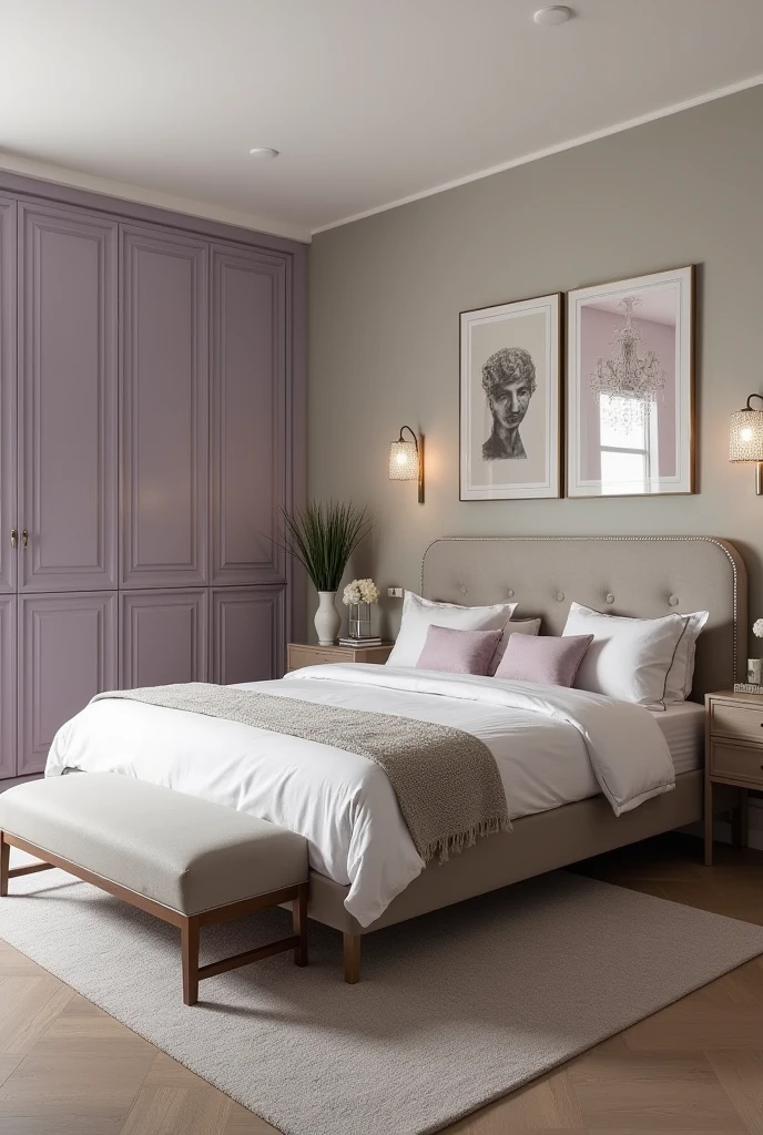 The modern double bed next to the bedroom entrance door is complemented by a suede-covered headboard., bringing a touch of classic elegance.
The presence of the small Provençal bedside table to the right of the bed adds a traditional charm to the space..
The closet to the left of the bed, closed from ceiling to floor with frosted glass in lavender tones at the back of the room, not only maximizes storage space, but also adds a soft, sophisticated touch of color, maintaining the continuity of the neutral and elegant design.
The frosted glass sliding closet door offers practicality and elegance to the space.