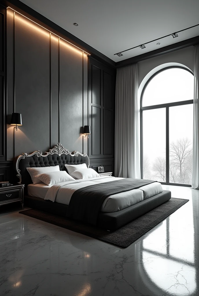 Create a bedroom scenario for Miraculous with nothing just the scenario. Don&#39;t make it pink. Make this room black and white. A bedroom for Miraculous. Add more light coming from the window. Make this room much bigger.
