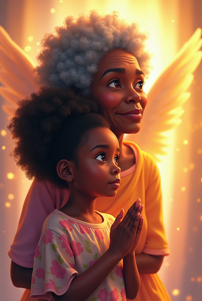 Create a 2D image of a chubby old lady with black power hair, an elderly woman with wrinkles on her face who became an angel behind her granddaughter emanating good, positive and colorful energies and her black granddaughter with black power hair saying a prayer thinking about her grandmother. 