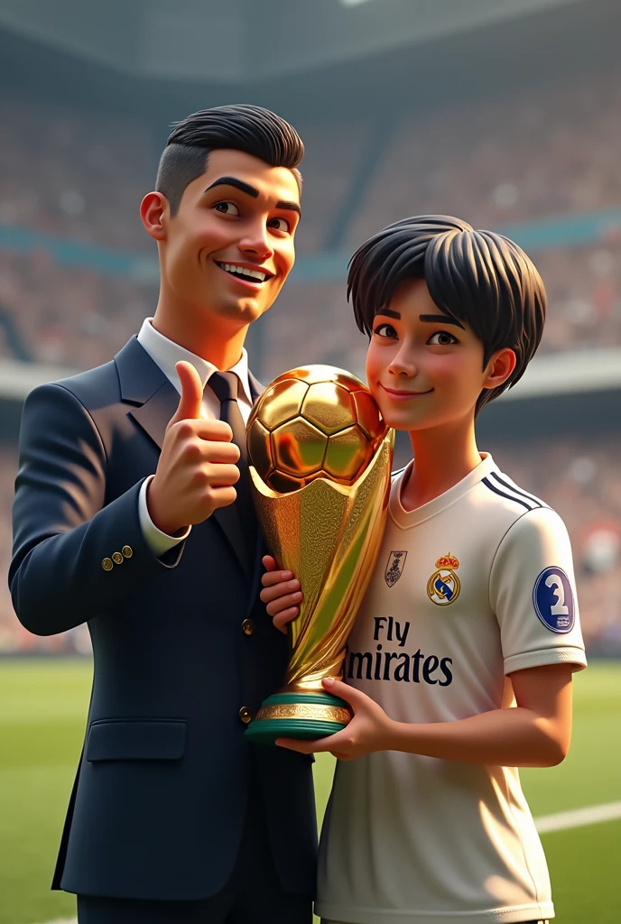create an image of a player with the real Madrid shirt, straight black hair, with the real Madrid shirt with the name "Josué" and number 8, holding the golden ball with one hand and the other side has Cristiano Ronaldo and Josué hugs Cristiano with the other hand and Cristiano Ronaldo facing forward gives a thumbs up, Cristiano Ronaldo's height is 1.87, and Josué is 1.74 (Cristiano Ronaldo's clothes: a suit) (Josué's clothes: shirt from real madrid no tattoo)