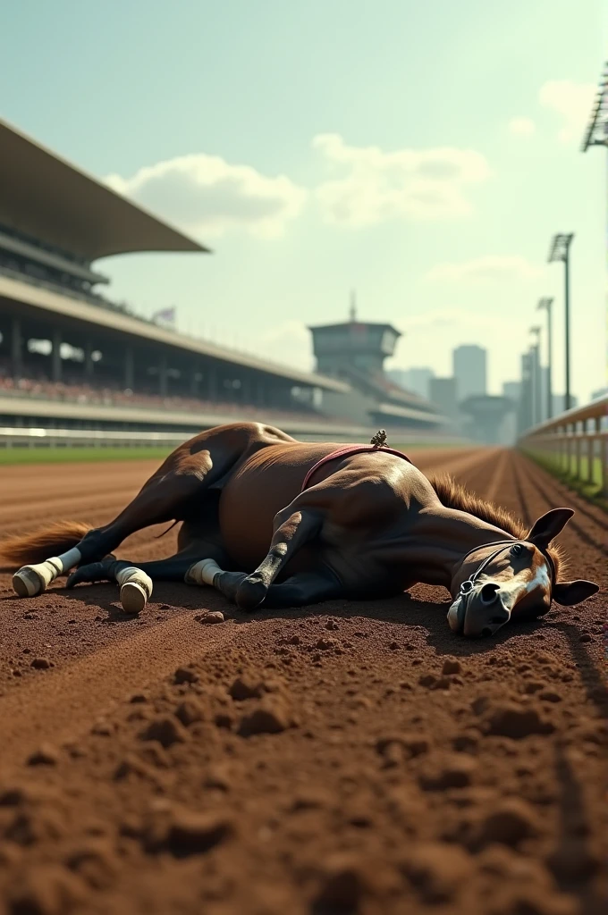 Generates the image of a horse bleeding dead on the track at a racecourse near the finish line