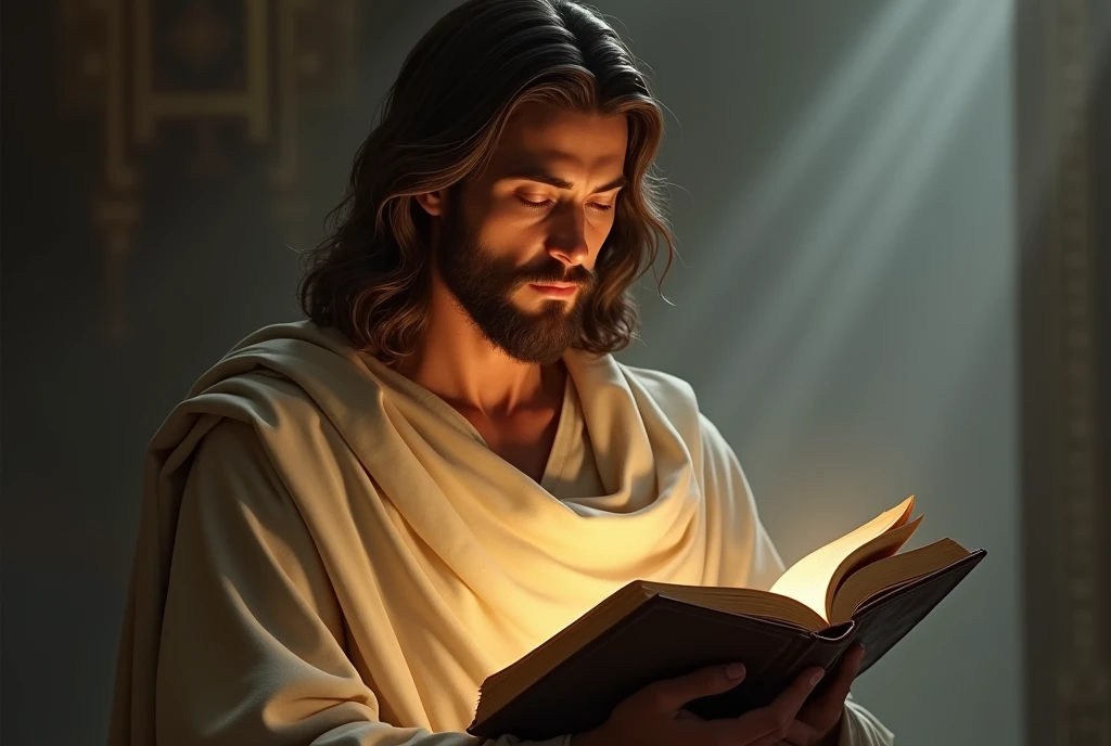 jesus with bible in hand, highlighting the bible light soft on the bible
