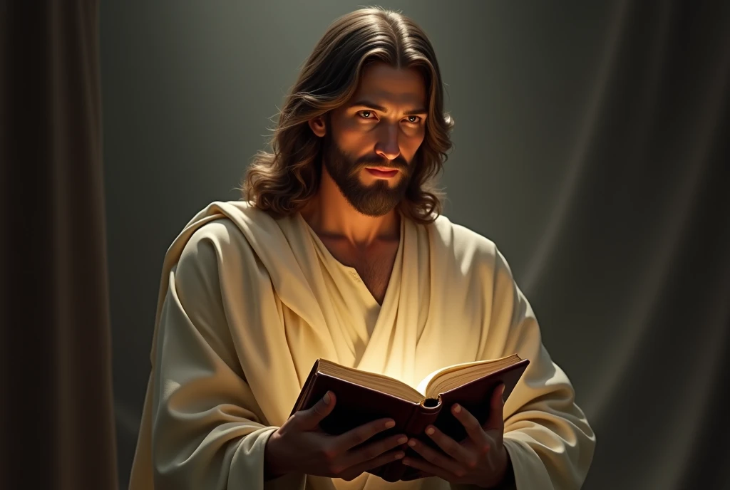 jesus with bible in hand, highlighting the bible light soft on the bible