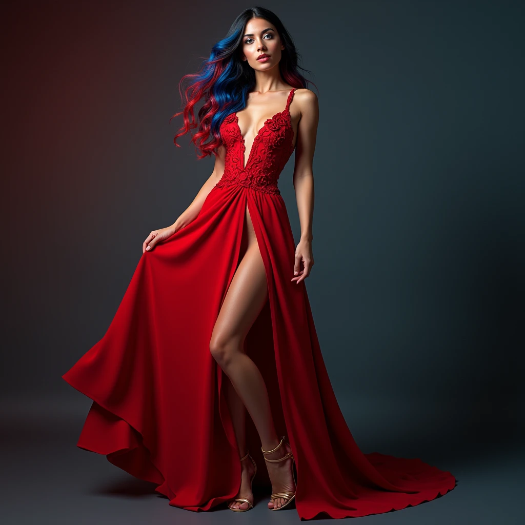 8k full view Dressed in a long red dress with high slit and low cut with roses round the seams beautiful Italian American woman, blue eyes, long black and red ombre hair with blue highlights,