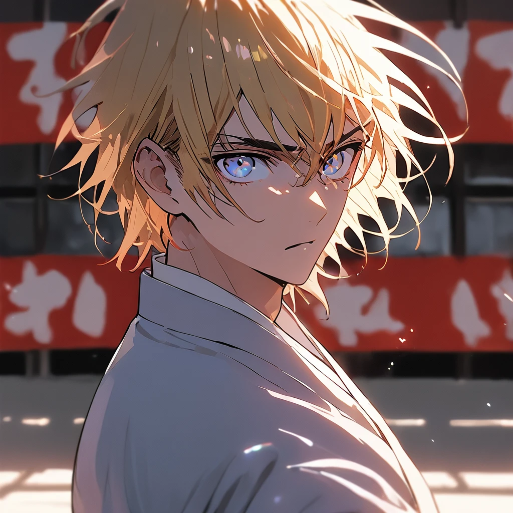 1boy, masculine , blond hair, fighter, shirtless, fushiguro toji clothes, dojo , looking at the viewer