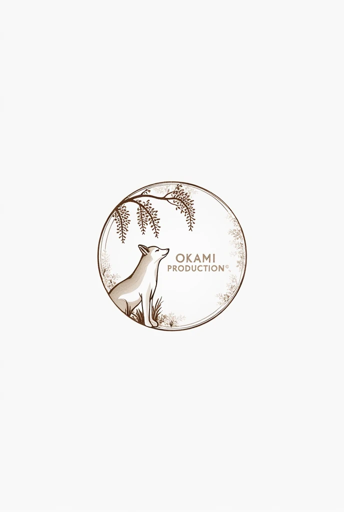 Logo for photography business named Okami Productions. Include a minimalistic wolf, business name, and wisteria flowers in the logo. Make logo circular.