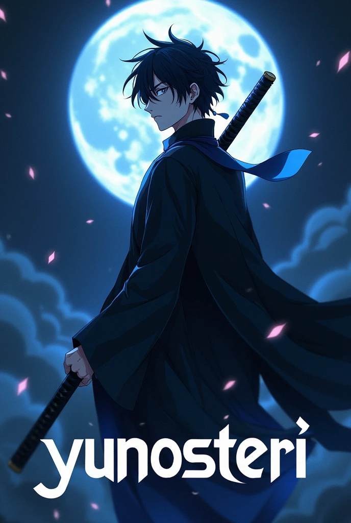 man with black hair and his eyes are glowing and a katana in the night in anime style and under him the word yunosteri
