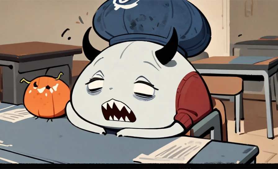 1Beetle, White Spike Lirchin Beetle, charcoal White skin, Circle tangerine-orange bags under eyes, black horns on head, Red stripes on horns, sharp teeth, no humans, Blue Fez Hat, Red Sweater Shirts, Orange Bow Tie, Blue Vest, by Guillaume Renard \(skchkko\), Rage, holding Uzi Machinegun, Desk in Classroom, looking at viewer, 