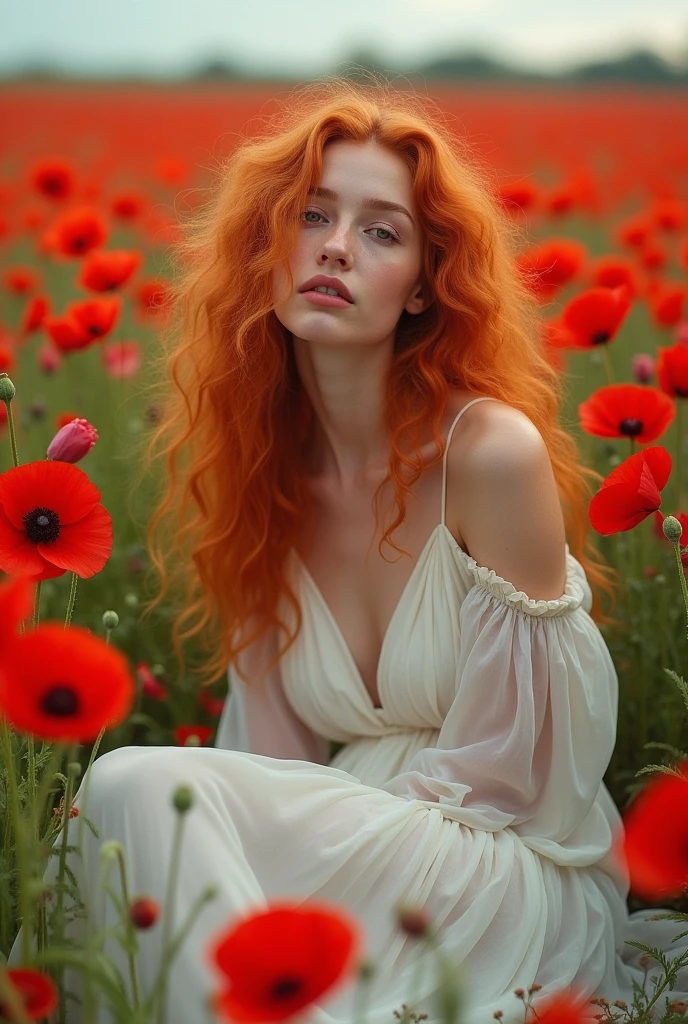 Femme cheveux long redhair rousse orangé clair bouclés habillée en longue robe blanche, assise au milieu grand champs plein de coquelicots rouges