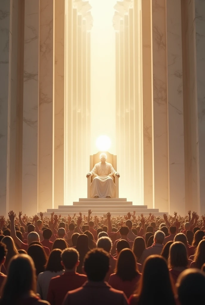 Great Throne White Marble Straight Man Seated Shining Head Below the Throne Thousands of People with Raised Hands Many More People, more people Head of bright light radiant very strong Head light stronger Head of fire Bigger throne 
