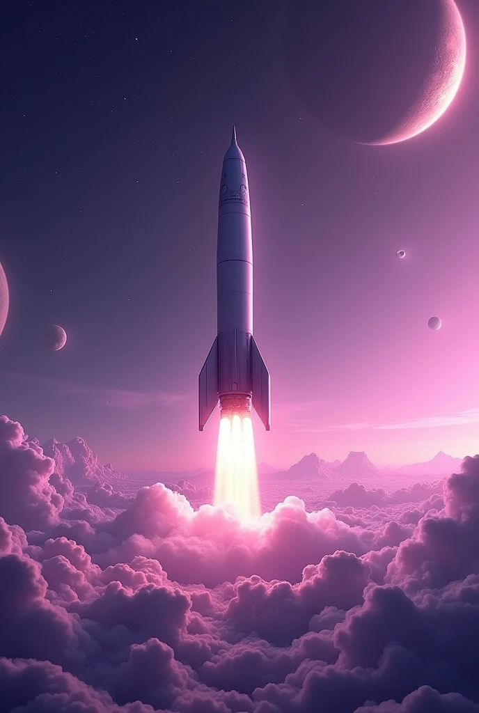 a rocket taking off with space and planets in the background i want it to have a purple theme in landscape mode