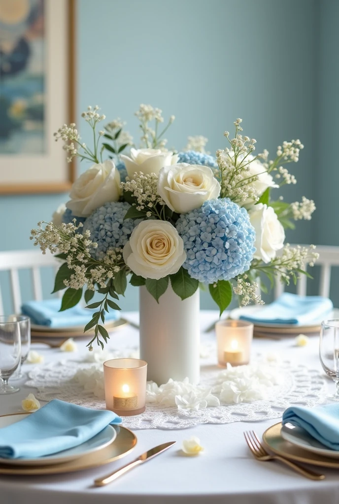 Table decoration for a wedding in May in light blue/White/ beige