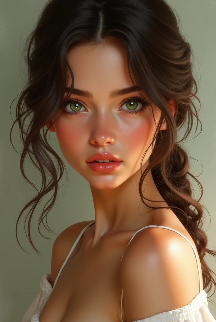 1 woman, small in stature, Dark brown hair, green eyes, slightly tanned skin