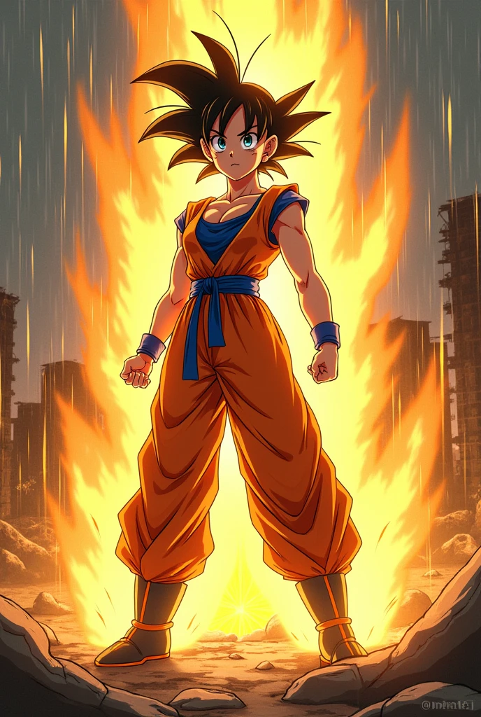 ((Full body photo, feet on the ground, straight body, Dragon Ball Anime)), ((Laura/woman, big breasts, extremely beautiful)), ((Super Saiyan Superior Instinct)) {transformed into Super Saiyan} wearing Goku child's costume/extremely tight on body, Capture an electrifying moment in the Dragon Ball universe with a high-detail, 16k UHD illustration featuring Laura, a stunningly beautiful woman transformed into the Super Saiyan Superior Instinct. Laura stands tall with her feet firmly planted on the ground, her body radiating power and confidence. Clad in a Goku child's costume stretched tightly over her curves, she emanates a golden magical aura that swirls furiously around her. The backdrop is a completely destroyed city engulfed in a torrential downpour, the rain soaking Laura's outfit and adding to the intensity of the scene. With fists clenched and a determined smile, Laura stares directly at the viewer, ready to unleash her formidable powers in a front-facing attack pose. Every detail, from her textured skin to the accuracy of her anatomy, is meticulously rendered to bring this dynamic moment to life. This award-winning illustration will captivate fans of Dragon Ball with its stunning visuals and attention to detail. Artists: Anime Illustration Studios, Dragon Ball Fan Creations, Award-Winning Artists. Anime Dragon Ball, high detail, anime, 16k, UHD, retina, retina, ccurate, anatomically correct, textured skin, super detail, high quality, award winning