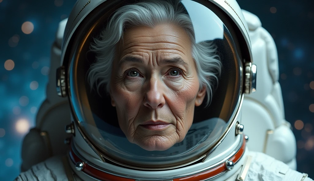 elderly woman with white hair, Anne-Marie as an astronaut photo of the rosto