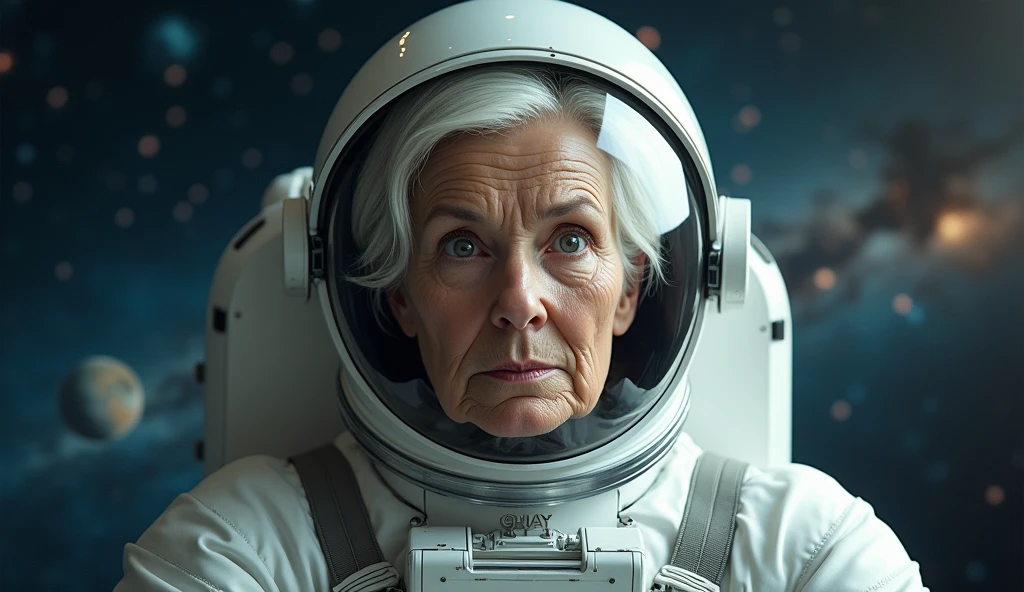 elderly woman with white hair, Anne-Marie as an astronaut photo of the rosto
