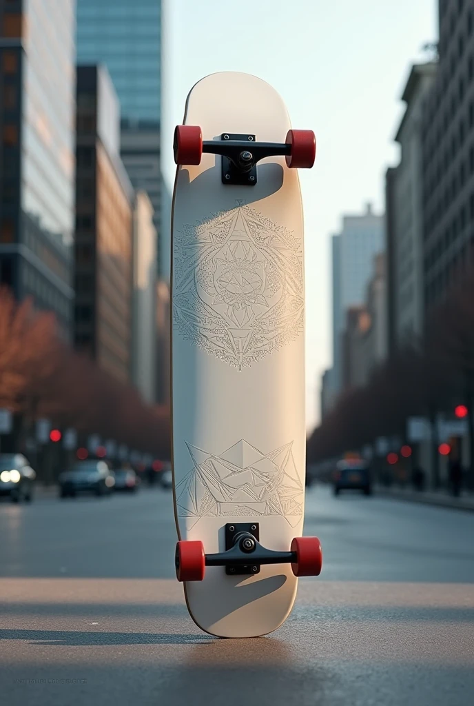 Create the design of an innovative skateboard, influenced by urban fashion, without logo and without names