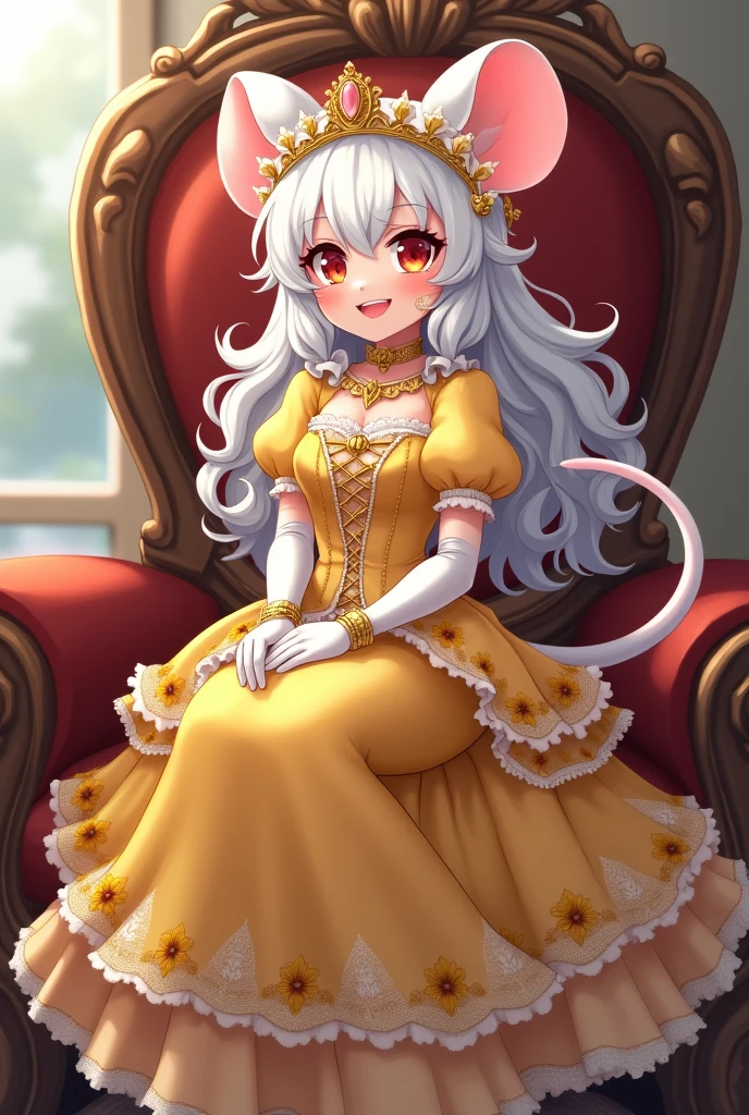 (best quality,4k,8k,highres,masterpiece:1.2), ultra-detailed, Pretty anthropomorphic mouse girl has a princess, drawn in anime style, steampunk, wearing a yellow princess mermaid gown with puffy sleeves, steampunk, gorgeous frilly dress design,flowing gown,elaborate lace details,rich textures,contrast stitching,delicate ribbon bows,floral accents, flowers embroidery, full skirt,short sleeves,fitted waistline,flared cuffs,lace-up back,luxurious fabrics,flawless silhouette, long curly white hair and red eyes, white fur, smiling, mouse ears and tail, high heels, white elbow gloves, gold bracelets, tiara made of seashells, red lipstick, eyeshadow, seashell necklace, sitting elegantly on a throne.