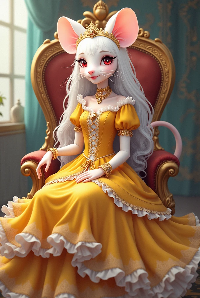 (best quality,4k,8k,highres,masterpiece:1.2), ultra-detailed, Pretty anthropomorphic mouse girl has a princess, drawn in anime style, steampunk, wearing a yellow princess mermaid gown with puffy sleeves, steampunk, gorgeous frilly dress design,flowing gown,elaborate lace details,rich textures,contrast stitching,delicate ribbon bows,floral accents, flowers embroidery, full skirt,short sleeves,fitted waistline,flared cuffs,lace-up back,luxurious fabrics,flawless silhouette, long curly white hair and red eyes, white fur, smiling, mouse ears and tail, high heels, white elbow gloves, gold bracelets, tiara made of seashells, red lipstick, eyeshadow, seashell necklace, sitting elegantly on a throne.