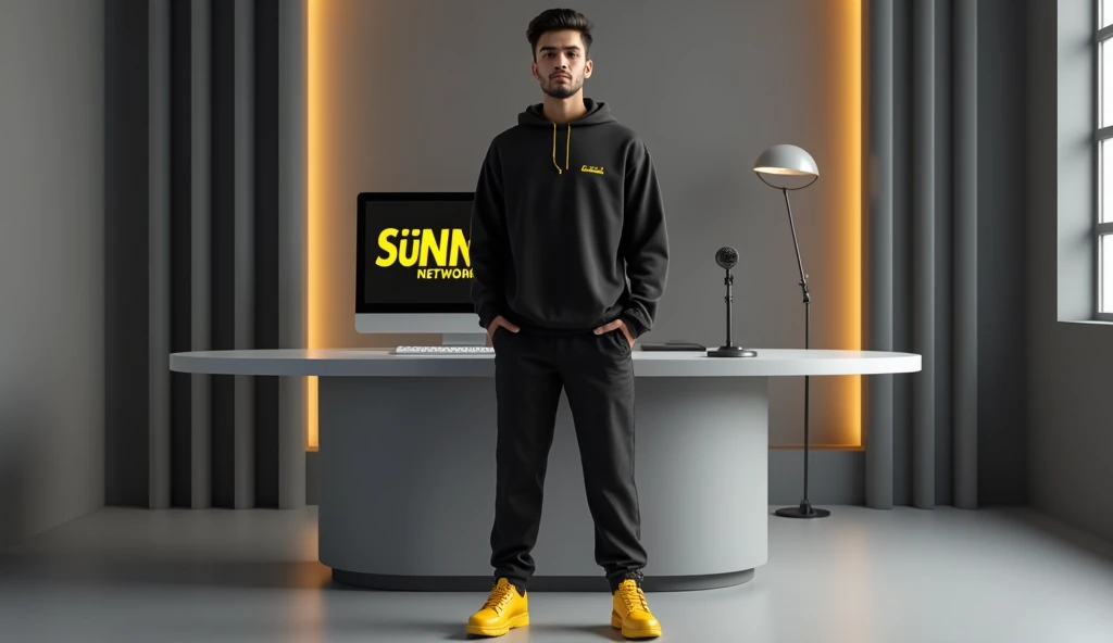 a twenty years old beautiful pakistani boy, stand up a yellow accent wearing modern black outfit with color matching shoes .behind him is a desk with computer monitor displaying the "Sunnah Network" in large bold letters. the room has a modern design with grey wall and floor.theres a mic stand with mic setup adjusted