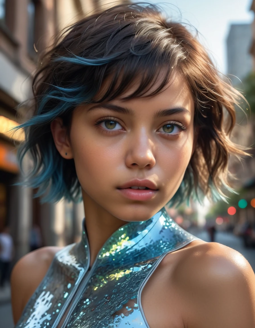 (best quality, highres:1.2), (ultra-detailed, extremely detailed), close-up portrait of a mixed-race girl, in the style of Vray render, Eduardo Cucuel, and Miki Asai. The girl has a short hairstyle and is illuminated by soft lighting. She is captured from a low angle, with her face shining with a silver and light blue hue, Triadic-Colors, Head and shoulders, sozinho, Realistic, fotorrealista, Best qualidade, master part, 超A high resolution, finamente detalhado, qualidade, Realistic lighting, pele detalhada, detalhes intrincados, Foto RAW, absurdos, A high resolution, Scars with ultra-fine details Crystal Magic Trees Intricate Surreal Fractals, quebrar the flashy makeup, beleza estonteante, pele detalhada, textura da pele, poros da pele, (sarda:1.15) quebrar (reflection, refractions, Rembrandt Lighting, diffuse lighting, City Radio, photon maping, Subsurface scattering, atmospheric lighting, dynamic lighting, Multi-exposure HDR shooting, Global Screen Space Illumination, ray tracing, Lumen reflection, Mapeamento de tons, voluminetric lighting, Polarizador circular, wide lighting, dramatic lighting, Moody Lighting:1.3), (Luz e sombra explosivas, Reflexo da lente, Particles leves, brilho da lente, Particles de luzes, Luminous Particle, Particles flutuando, Particle:1.2), (profundidade de campo, desfocadoprimeiro plano, foco nítido, perspectiva, air perspective, Filmgrain, Film:1.4), (colorful refraction, Cores iridescentes, rainbowart:1.1), (Dark Studio, aro iluminado, dual-tone lighting, mal iluminado, sintonia baixa, luz de aro, tema escuro), estilo aquarela, mistura suave, lavagens sonhadoras, texturas delicadas, cores brilhantes, Action painting, Marcadores gestuais, dynamic strokes, movimentos expressivos, Spontaneous technology, Expressionismo abstrato, Vibrant Composition, actionpose, brilho vibrante, dynamic colours, shiny reflective surfaces, arte superdetalhada