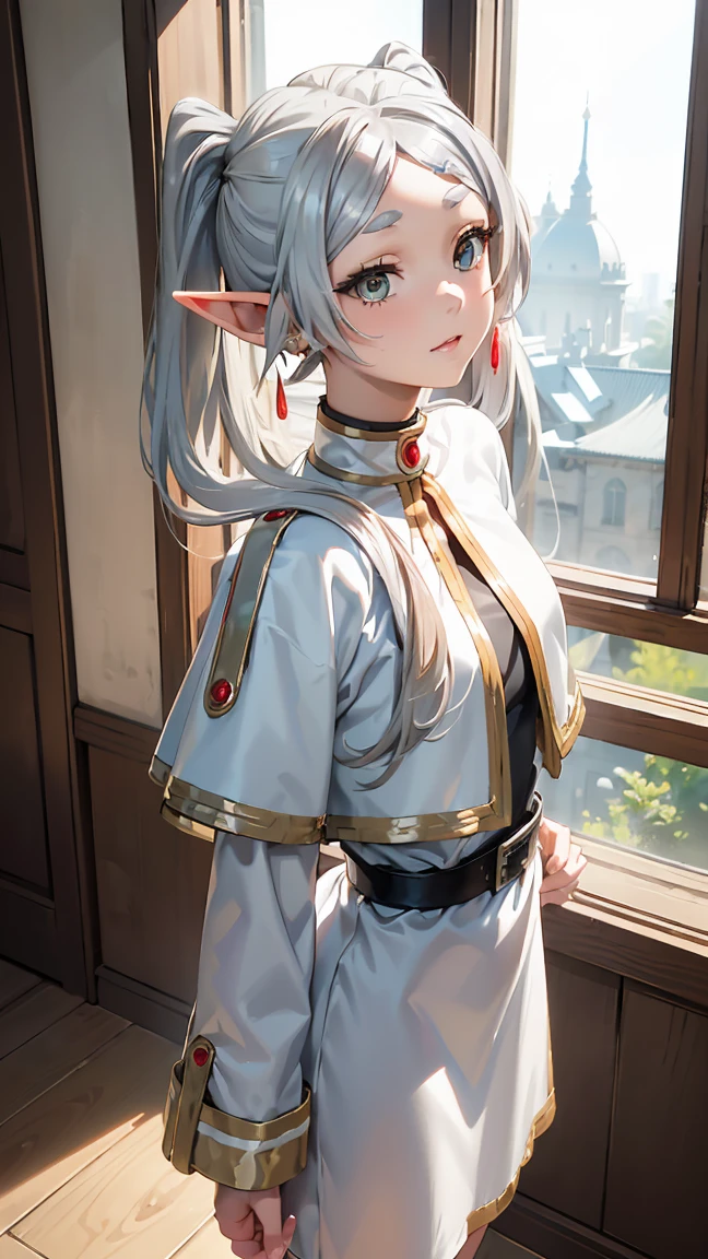 Freiren, 1 girl, (((long hair:1.5))), long pointed ears like an elf, (((long silvery white twin tails:1.5))), jewelry, elf, earrings, capelet, white capelet, black and white striped long sleeve shirt, parted bangs, dress, belt, flowers, (16k, 8K, RAW, best quality, masterpiece 1.2), ultra HD, high resolution, high quality, best quality, (((full body image 1.3))), best quality, ultra high resolution,

best quality, great quality, 16k, incredibly absurd, highly detailed, 2.5D, delicate and dynamic, palace, stained glass, chandelier, complex light, , , , small face, very delicate facial expression, delicate eye depiction, very fine hair, close-up of upper body, erotic, only sexy Japanese woman, healthy figure, 2 women, emperor, large and firm swinging bust, Silvery white long hair, sexy long legs, shining skin, soft skin, gorgeous gothic emperor costume, complex costume, complex color costume, standing sideways, looking into the camera

Information

---Perfect anatomy, perfect proportions, nice lighting, bright and vivid colors, clean lines, information, blurred, stunning facial expression, restless emotions, gorgeous and cute, beautiful face and eyes in every detail, (masterpiece) beautiful face, young and handsome girl, really perfect skin, blurred, stunning facial expression, restless emotions, gorgeous and cute, beautiful face and eyes in every detail, (Audrey Hepburn), (cute), (J-POP idol), (thighs, (depth of field), (depth of field), soft light, shining lens gaze, (droopy eyes), straight teeth, shy smile, fluttering hair, a scene from Blake's movie,