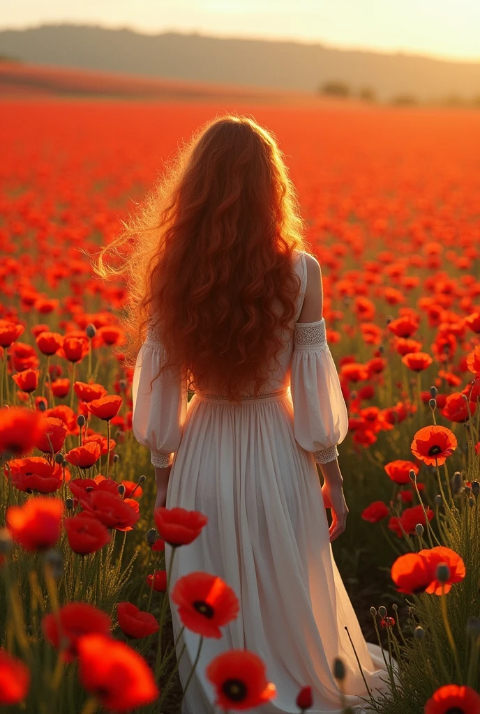 Woman with long curly red hair wearing a long white dress, de dos au milieu grand champs plein de coquelicots rouges