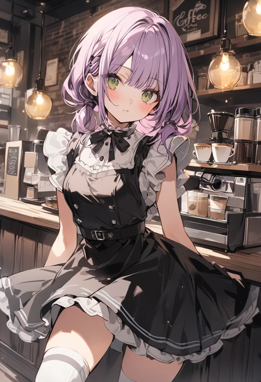 ((best quality, high resolution)), (delicate illustration), (vividcolor style illustration:0.9), (watercolor style illustration:0.4), ((beautiful:1.3)), 4k,
(((1 beautiful woman))), small breasts:0.7, dark green eyes, (blush), ((Black maid outfit, white knee-high socks,)), low-twintails Hair, pale purple hair, (((A coffee shop with a retro atmosphere.:1.3))), ((glance upward at viewer)), cowboy shot,
