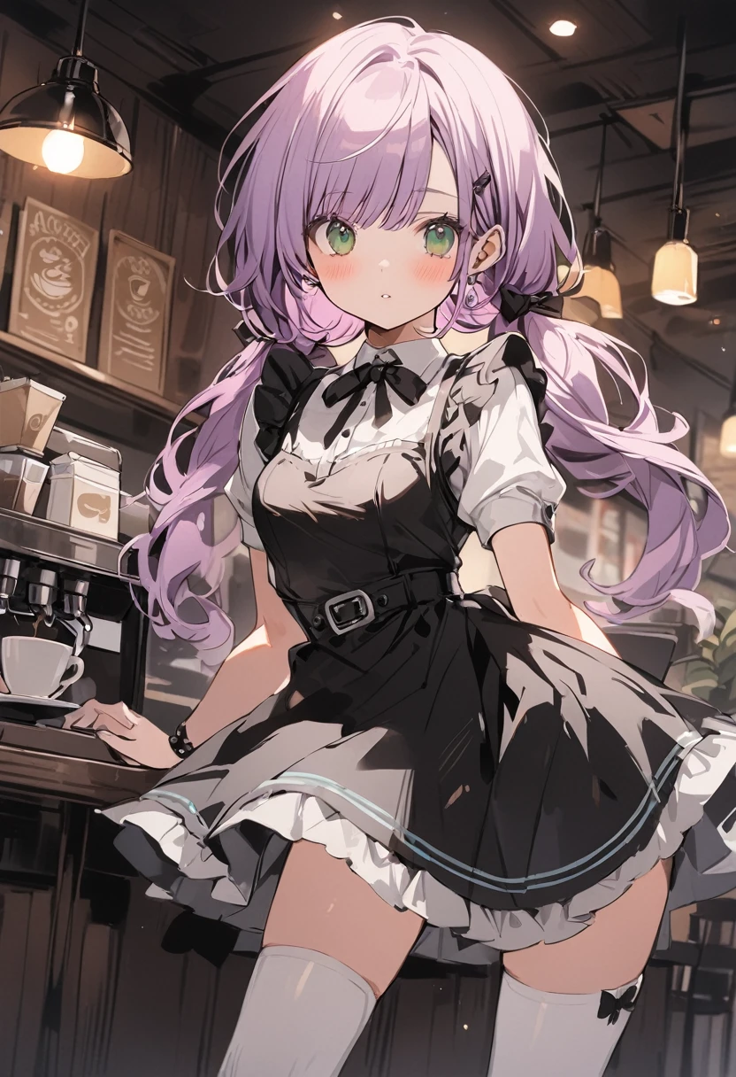 ((best quality, high resolution)), (delicate illustration), (vividcolor style illustration:0.9), (watercolor style illustration:0.4), ((beautiful:1.3)), 4k,
(((1 beautiful woman))), small breasts:0.7, dark green eyes, (blush), ((Black maid outfit, white knee-high socks,)), low-twintails Hair, pale purple hair, (((A coffee shop with a retro atmosphere.:1.3))), ((glance upward at viewer)), cowboy shot,