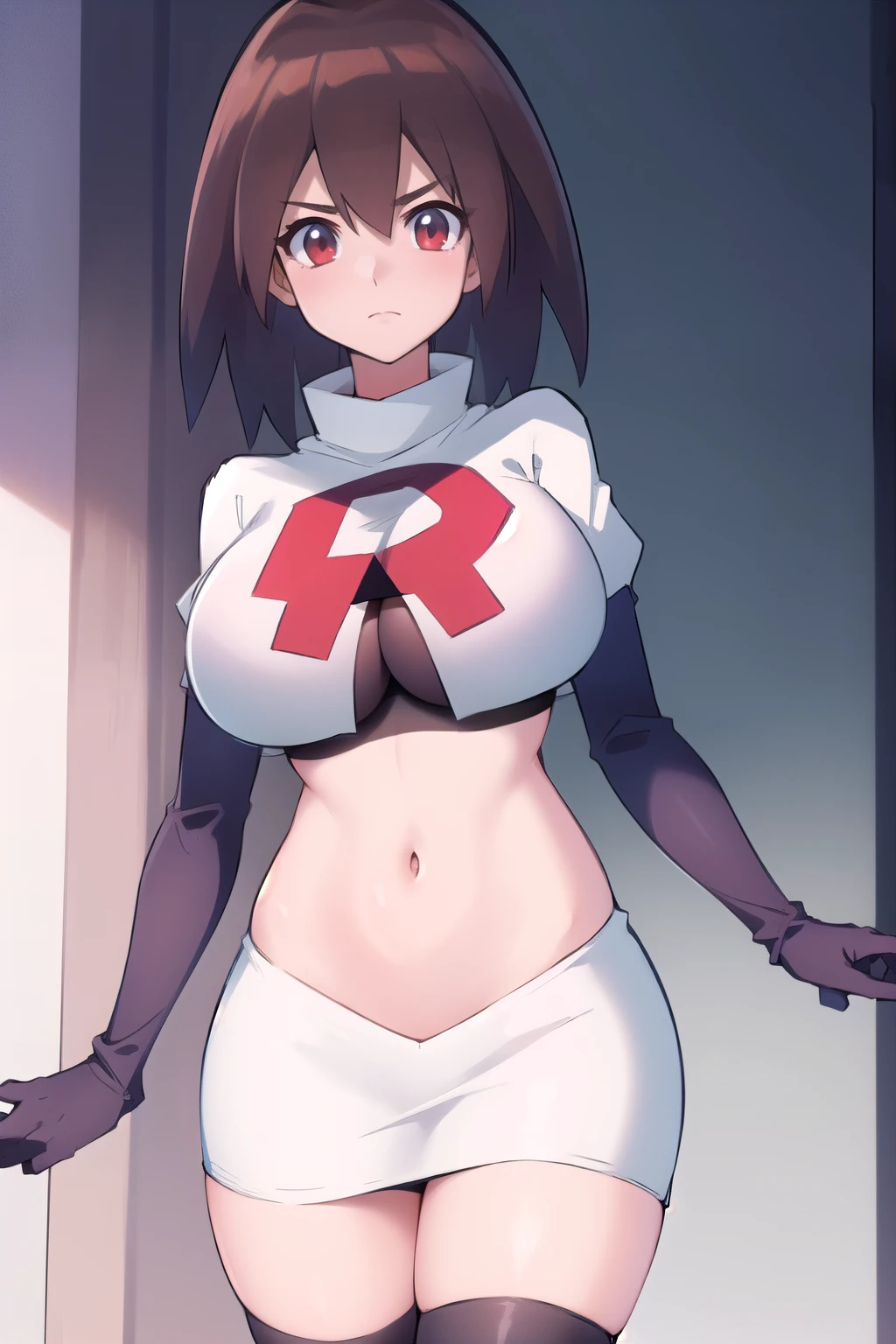 masterpiece, best quality, makurada junko, looking at viewer, large breasts, cowboy shot, team rocket,team rocket uniform,white skirt,red letter R,crop top,black thigh-highs,black elbow gloves