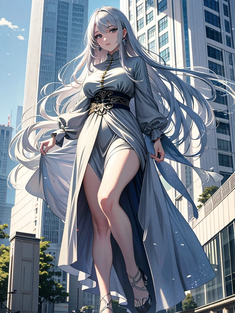 Masterpiece、High resolution、Detailed expression、Huge beauty、Silver Hair、18 meters tall、In a city building