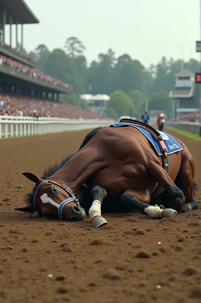 Generates an image of a dead horse on a racetrack near the finish line with quite a disappointed public