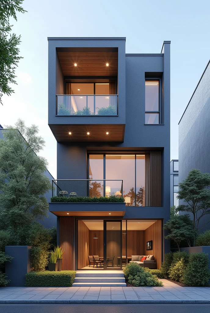 duplex moderne construit sur 10m de large . avec un balcon et une façade realiste