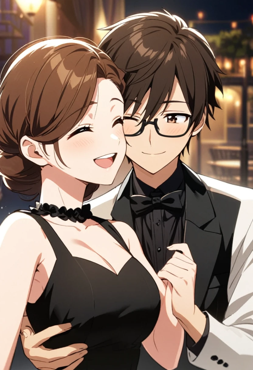 anime, two people, one beautiful female with long brown hair and no glasses and big breast in a beautiful black sleeveless dress, the other person is a male with short dark brown hair and black rimmed glasses in a tuxedo, they are boyfriend and girlfriend, lovers, smiling