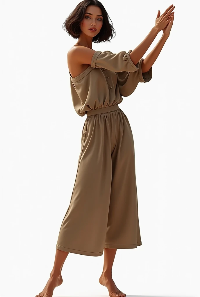 contemporary dance dancer, ballet and jazz, a disciplinary art, with PNG background, The woman has a light brown complexion, stomach 1.72, long limbs, big nose, medium lips, almond-shaped brown eyes, short hair above the shoulders and wavy, with very comfortable contemporary clothing and it is not animated it is real, Mexican factions 