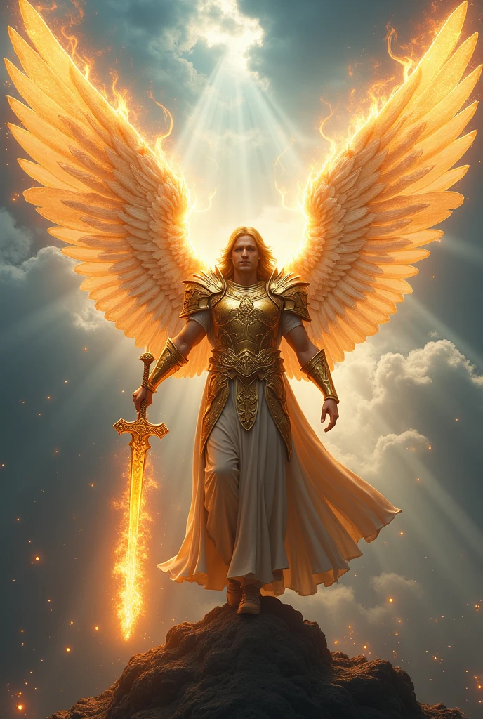 Visualize Archangel Michael, the celestial defender, standing in a powerful and majestic pose. He is clad in golden, radiant armor adorned with sacred symbols, reflecting divine light. His wings are vast and glowing, emanating a celestial light that illuminates the surroundings. He holds a flaming sword firmly in his hand, symbolizing his triumph over evil forces. The background features stormy clouds parting to reveal a blue sky with rays of divine light surrounding him. His expression exudes both courage and serenity, embodying the strength and peace of a true divine guardian."
