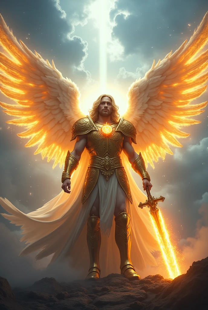 Visualize Archangel Michael, the celestial defender, standing in a powerful and majestic pose. He is clad in golden, radiant armor adorned with sacred symbols, reflecting divine light. His wings are vast and glowing, emanating a celestial light that illuminates the surroundings. He holds a flaming sword firmly in his hand, symbolizing his triumph over evil forces. The background features stormy clouds parting to reveal a blue sky with rays of divine light surrounding him. His expression exudes both courage and serenity, embodying the strength and peace of a true divine guardian."