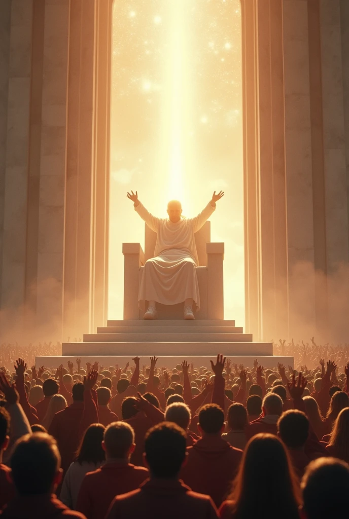 Great Throne White Marble Straight Man Seated Shining Head Below the Throne Thousands of People with Raised Hands Many More People, more people Bright radiant light head very strong Strongest head light Fire head Bigger throne Better people