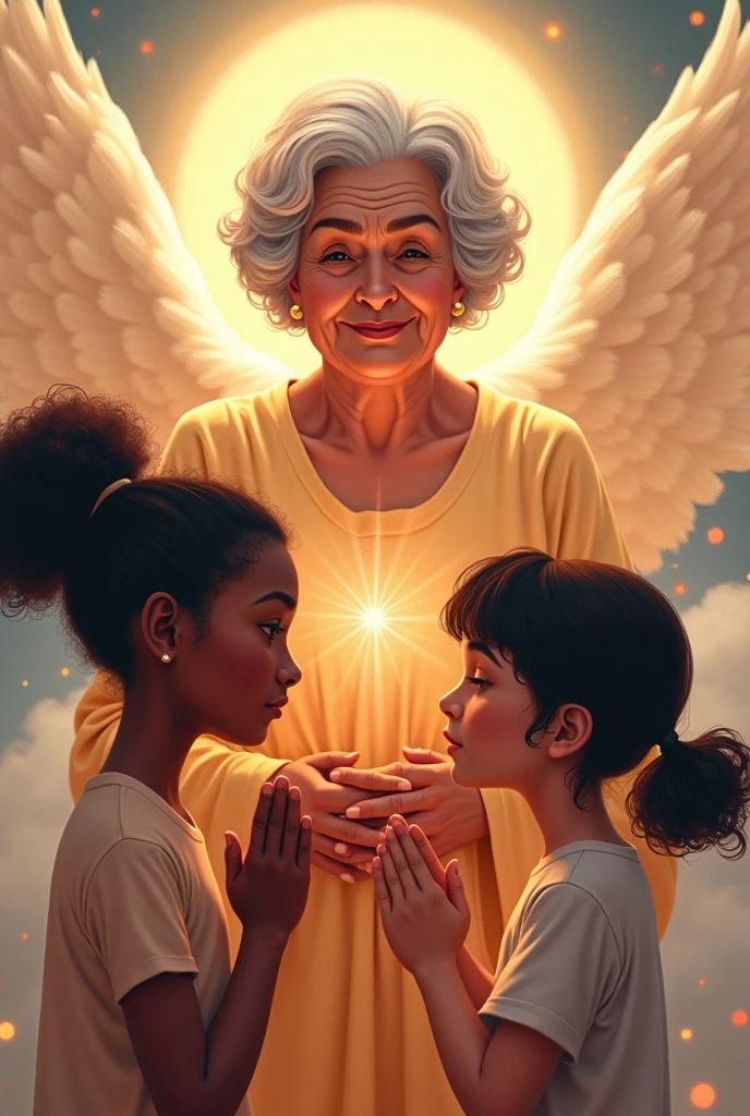 Create a 2D image of a chubby old granny with black power hair, an elderly woman with wrinkles on her face who became an angel behind her 1 granddaughter emanating good, positive and colorful energies and her black granddaughter with black power hair saying a prayer thinking about her grandmother.