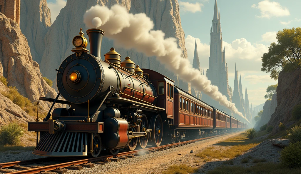 A vintage steam train, adorned with brass fixtures and wooden panels, chugs through a kaleidoscope of eras and dimensions. Each carriage is a time capsule, passengers dressed in attire from bygone days: 1920s flappers, medieval knights, or ancient pharaohs. The train's iron wheels screech as it speeds through a dreamlike landscape where eras converge: Art Deco skyscrapers pierce the sky alongside crumbling Romanesque castles and primordial landscapes teeming with dinosaurs.