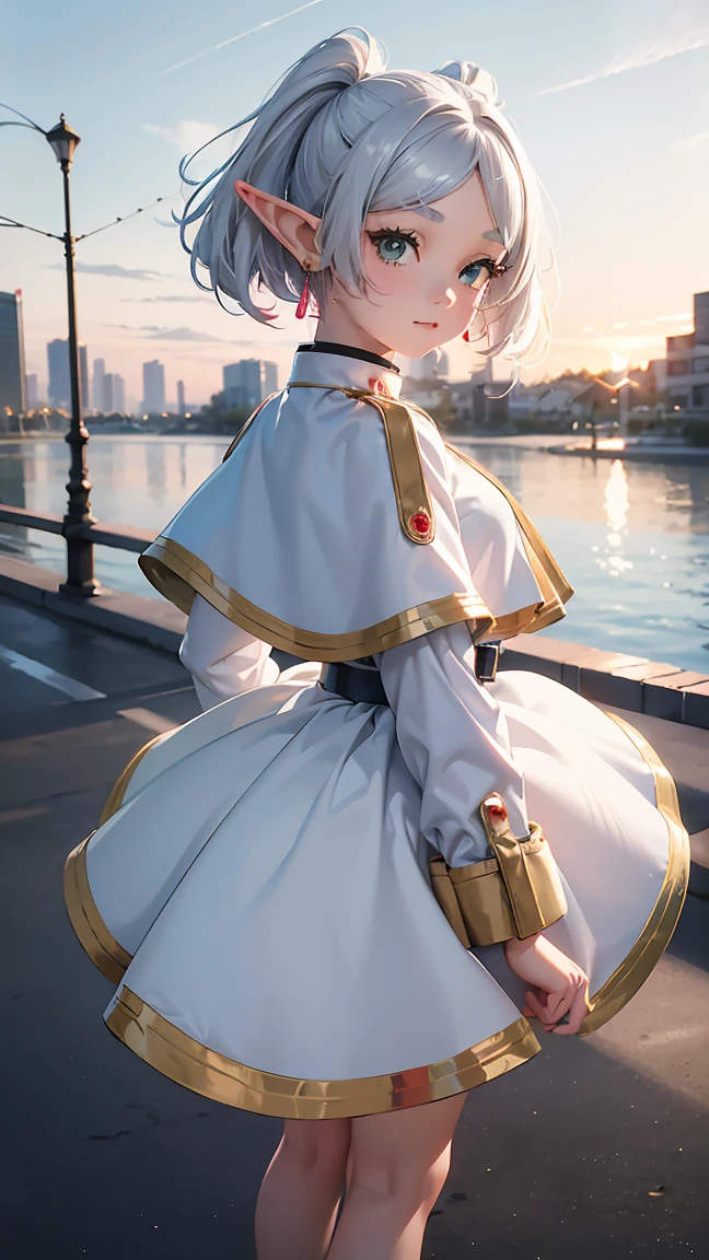 Freiren, 1 girl, long hair, long pointed ears like an elf, silvery white pigtails, jewelry, elf, earrings, capelet, white capelet, black and white striped long sleeve shirt, parted bangs, dress, belt, flowers , (16k, 8K, RAW, best quality, masterpiece 1.2), ultra HD, high resolution, high quality, best quality, (((full body image 1.3))), best quality, ultra high resolution, incredibly absurd, highly detailed, 2.5D, (close up: 1.4), (RAW photo: 1.2), (realistic: 1.4), (masterpiece: 1.3), (best quality: 1.4), ---(Best quality:1.2, City pop style, Highly detailed, Latest, Vibrant, High contrast, Masterpiece:1.2, Highest quality, Best aesthetics), Girl, ((Face up shot:1.4)), Colorful hair, Bob cut, Pastel color, 1980s style, ((Retro, Vintage, Plain background))Smug expression,,--- perfect anatomy, perfect proportions, nice lighting, bright and vivid colors, clean lines, information, blurred, stunning facial expression, restless emotions, gorgeous and cute, beautiful face and eyes in every detail, (masterpiece) beautiful face, young and handsome girl, really perfect skin, blurred, stunning facial expression, restless emotions, gorgeous and cute, beautiful face and eyes in every detail, (Audrey Hepburn), (cute), (J-POP idol), (thighs, (depth of field), (depth of field), soft light, shining lens gaze, (droopy eyes), straight teeth, shy smile, fluttering hair, a scene from Blake's movie,
