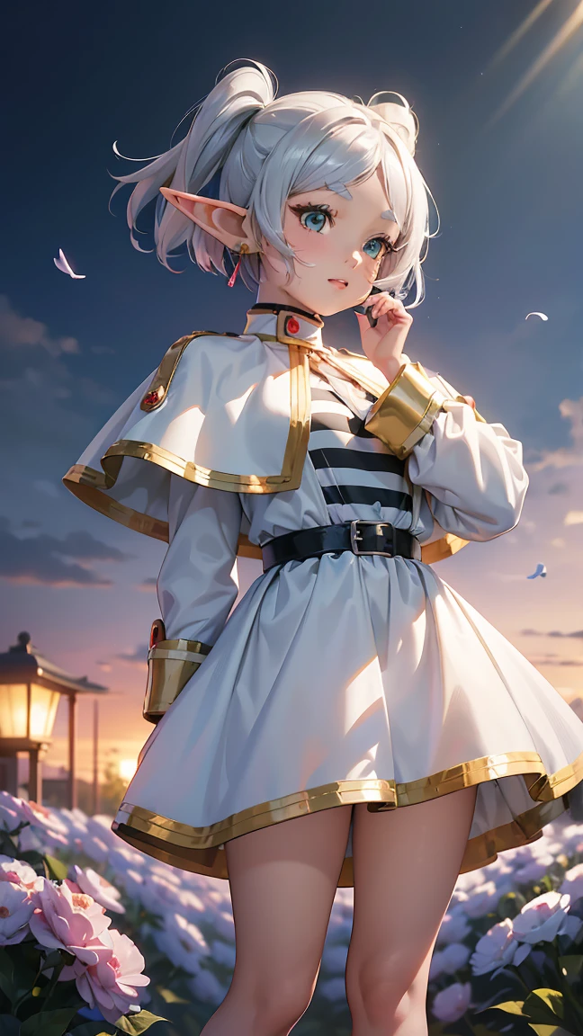 Freiren, 1 girl, long hair, long pointed ears like an elf, silvery white pigtails, jewelry, elf, earrings, capelet, white capelet, black and white striped long sleeve shirt, parted bangs, dress, belt, flowers , (16k, 8K, RAW, best quality, masterpiece 1.2), ultra HD, high resolution, high quality, best quality, (((full body image 1.3))), best quality, ultra high resolution, incredibly absurd, highly detailed, 2.5D, (close up: 1.4), (RAW photo: 1.2), (realistic: 1.4), (masterpiece: 1.3), (best quality: 1.4), ---(Best quality:1.2, City pop style, Highly detailed, Latest, Vibrant, High contrast, Masterpiece:1.2, Highest quality, Best aesthetics), Girl, ((Face up shot:1.4)), Colorful hair, Bob cut, Pastel color, 1980s style, ((Retro, Vintage, Plain background))Smug expression,,--- perfect anatomy, perfect proportions, nice lighting, bright and vivid colors, clean lines, information, blurred, stunning facial expression, restless emotions, gorgeous and cute, beautiful face and eyes in every detail, (masterpiece) beautiful face, young and handsome girl, really perfect skin, blurred, stunning facial expression, restless emotions, gorgeous and cute, beautiful face and eyes in every detail, (Audrey Hepburn), (cute), (J-POP idol), (thighs, (depth of field), (depth of field), soft light, shining lens gaze, (droopy eyes), straight teeth, shy smile, fluttering hair, a scene from Blake's movie,