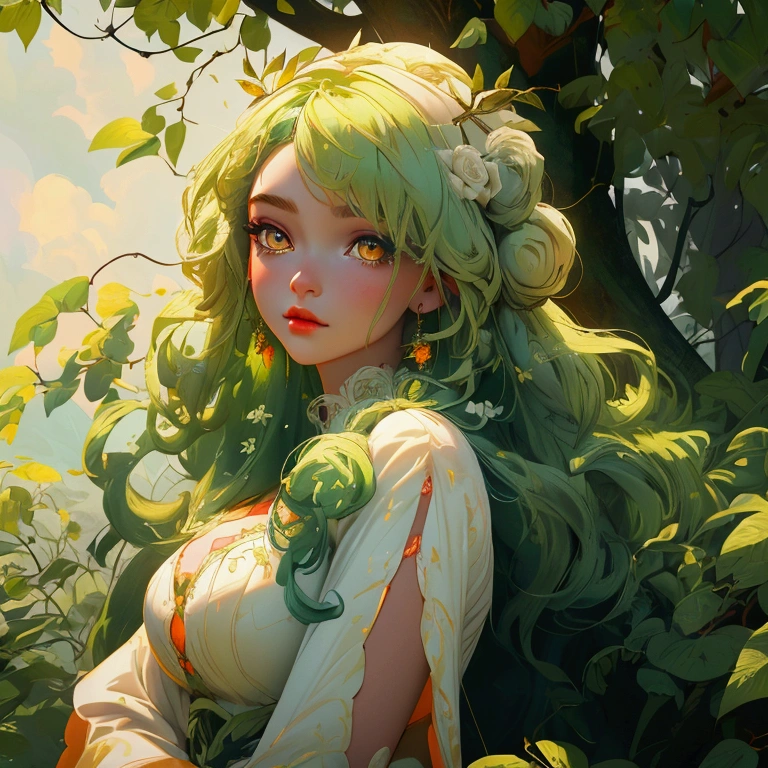 envision a 8k, highres, cinematic, close up beautiful portrait of a soft curvy girl named Ceres Fauna with long green hair, Orange eyes, in a white nature dress, surrounded by nature wrapped in vines against a dark gray background