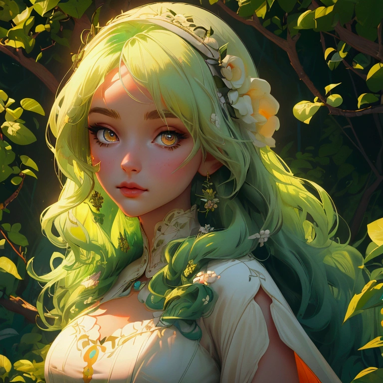 envision a 8k, highres, cinematic, close up beautiful portrait of a soft curvy girl named Ceres Fauna with long green hair, Orange eyes, in a white nature dress, surrounded by nature wrapped in vines against a dark gray background