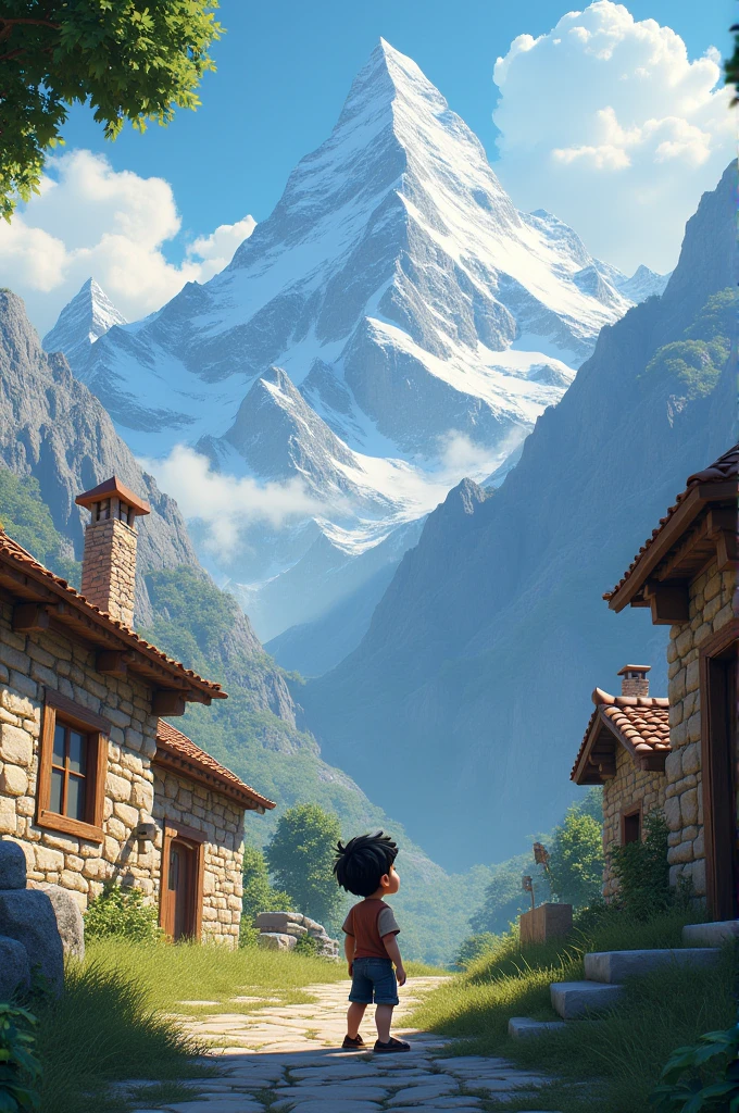 1. Mountain Village with a Dreaming Boy: A peaceful mountain village with traditional stone houses. A boy named Ali is gazing up at a towering mountain nearby, his eyes filled with determination and wonder.3d animate